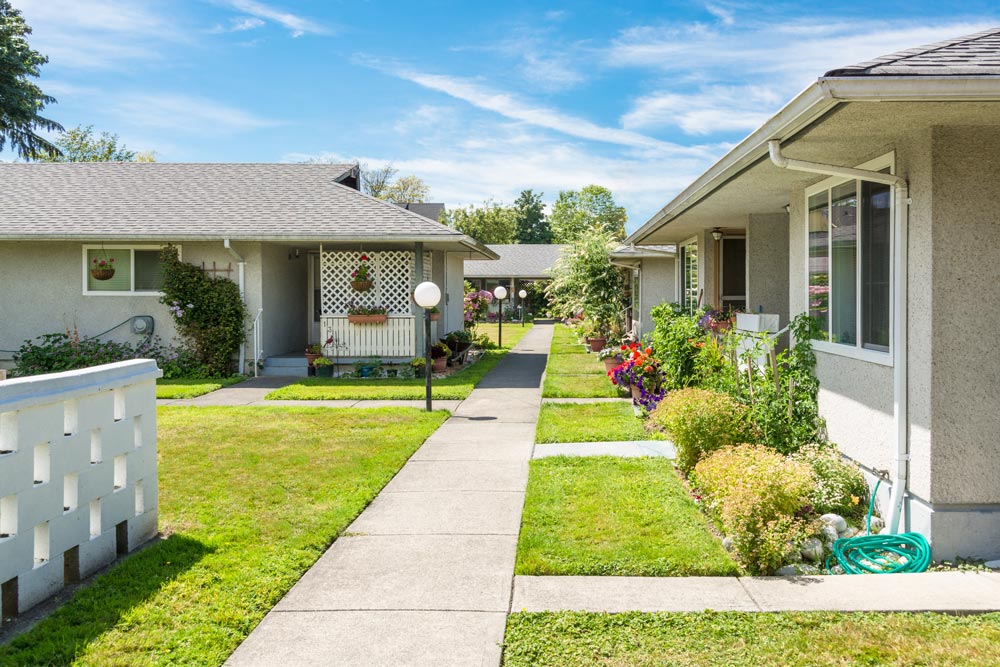 Cottage homes with a communal green space, illustrating a family-friendly missing middle housing.